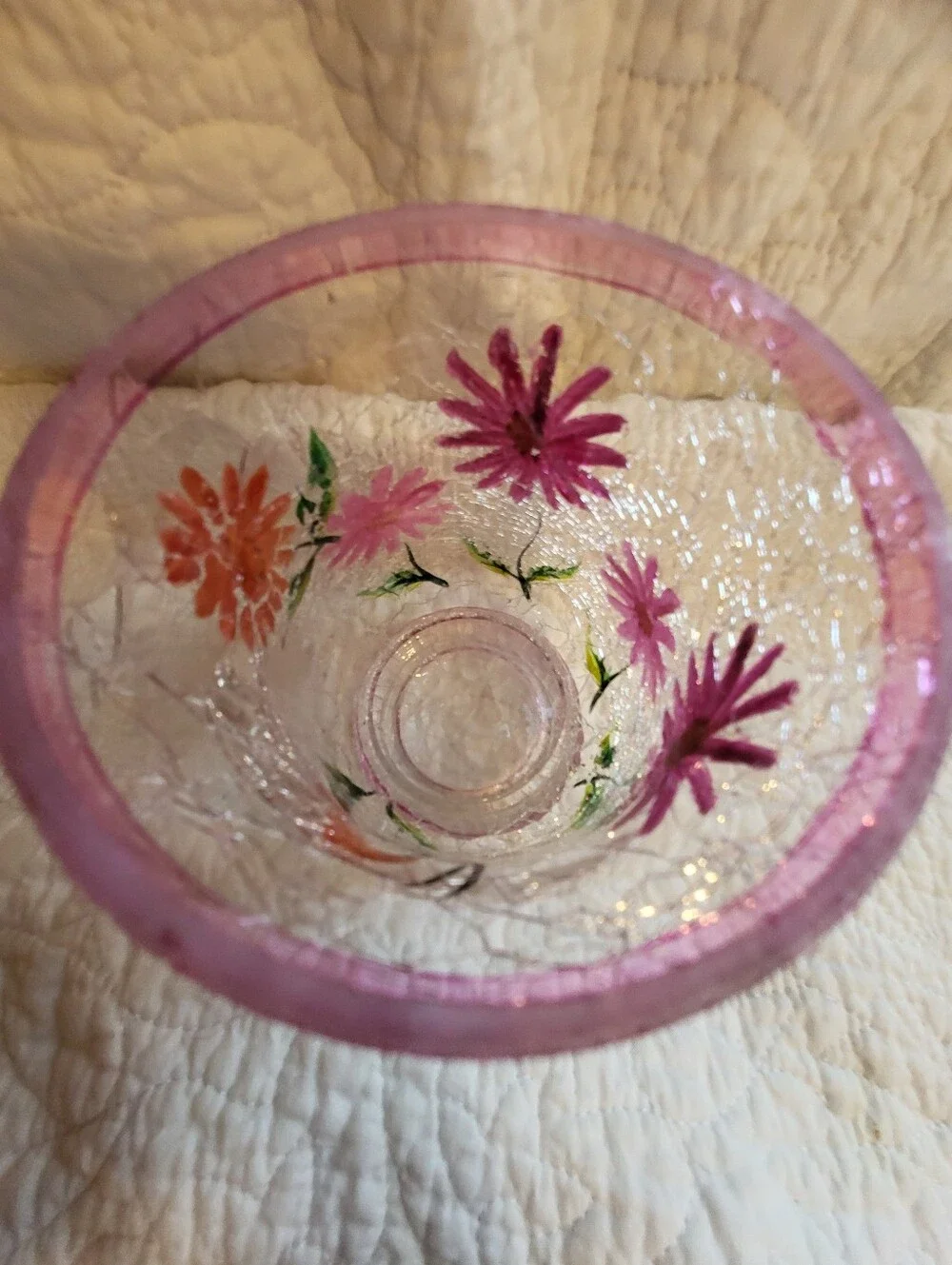 Hand-Painted Pink Floral Crackle Glass Vase